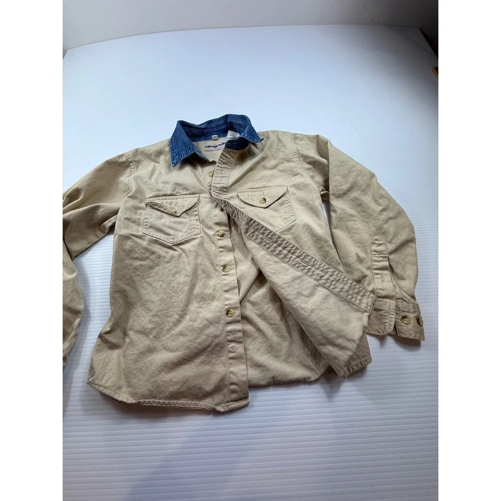 Cowboy Code Boys Tan Cotton Canvas Western Shirt Denim Collar Size L 10-12